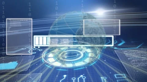 Power icon pulsing, causing holo system rising, sliding panels, bar filling, Stock Footage 334351906