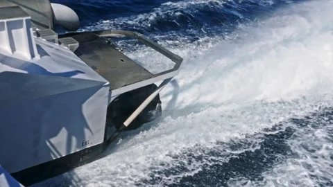 Power of Jet engine closeup pushing passenger ferry through water Video stock 119626151