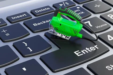 Power jigsaw on computer keyboard, 3D rendering Ilustración de archivo