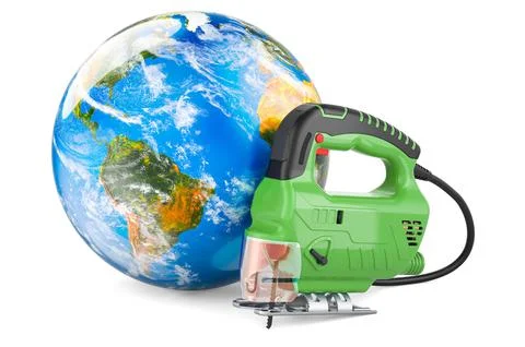 Power jigsaw with Earth Globe, 3D rendering Ilustración de archivo