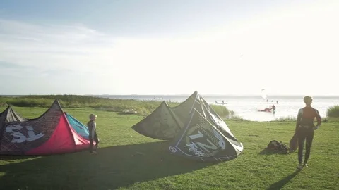 Power Kite Surfers Camp Stock Footage 81204157