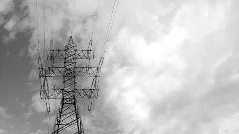 Power Line And massive Clouds Black And White Timelapse Stock Footage 78017897