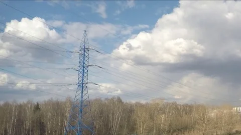 Power Line And Shrubs In Spring Timelapse 스톡 동영상 77285348