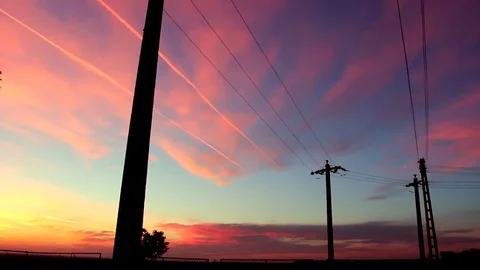 Power Line And Sunset Stock Footage 82964045
