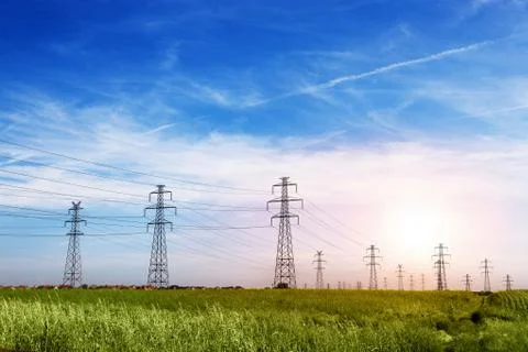 Power Line  at the Blue Sky Stock Photos