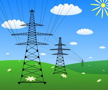 Power line on a green field. Vector EPS10 Stock Illustration