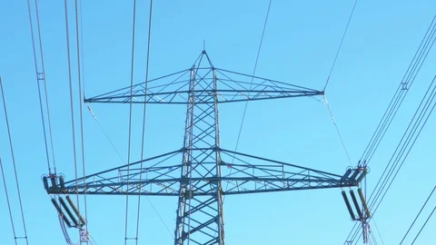 The power line. High voltage pole and blue sky Stockbeeldmateriaal 112666830