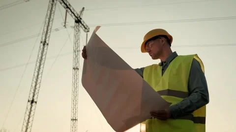 Power line inspector holding technical drawings during electricity inspection Vídeos de archivo 270142614