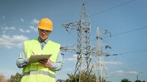 Power line inspector making notes during audit of transmission towers Stock Photos