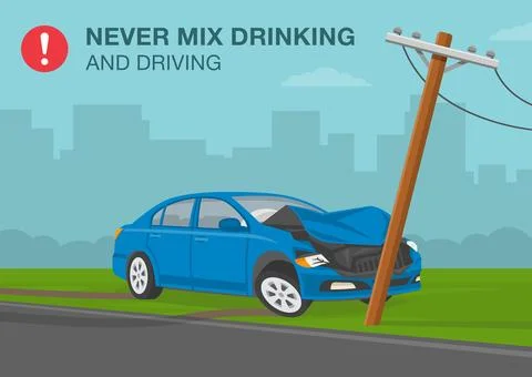 Power line knocked down by blue sedan car. Never mix drinking and driving Ilustração Stock