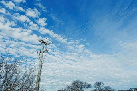 Power line pole with cloudy blue sky and trees Stock Photos