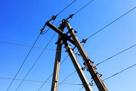 Power line pole with wires close up Foto stock