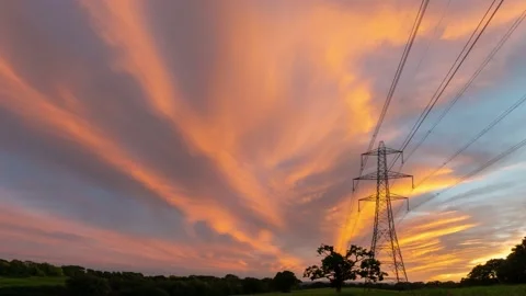 Power line. pylon on the background of the sunset sky motion time-lapse Stock Footage 219196645
