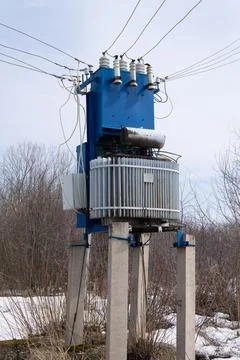 Power Line Step Down Transformer. Power supply and industry concept Stock Photos