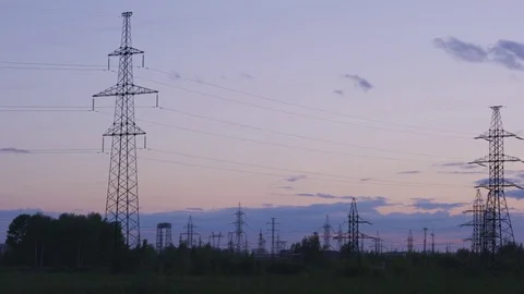 Power line on sunset background Video stock 76617813