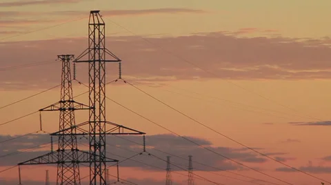 Power line at sunset Stock Footage 28493975