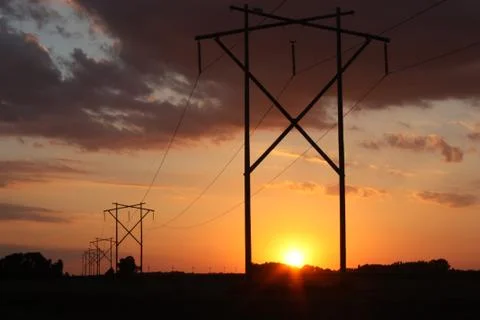 Power Line Sunset 库存照片