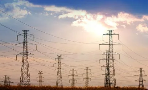 Power Line at the Sunset Stock Photos