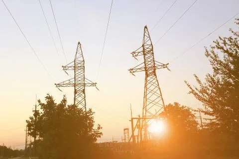 Power line at sunset Stock Photos