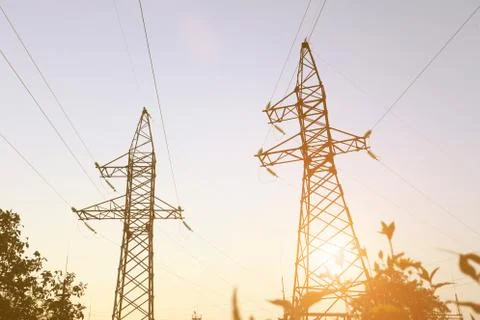 Power line at sunset Stock Photos