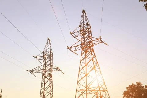 Power line at sunset 스톡 사진