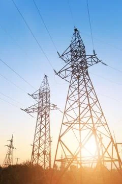 Power line at sunset Stock Photos