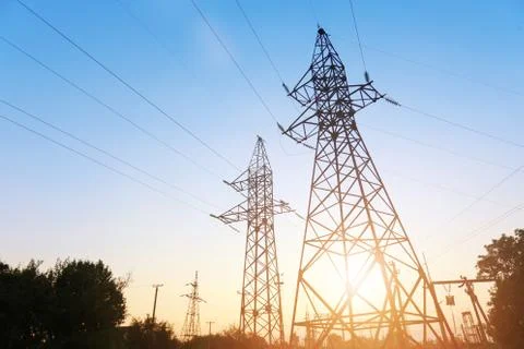 Power line at sunset Stock Photos