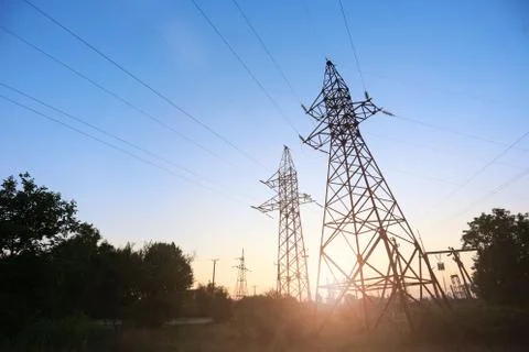 Power line at sunset Stock Photos