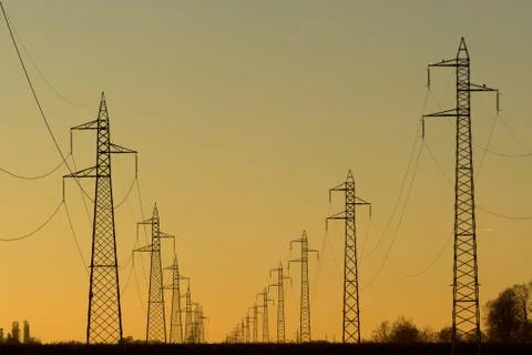 Power line at sunset Stock Photos