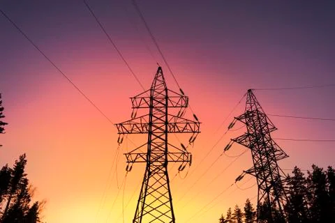 Power line at sunset Stock Photos