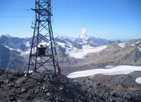 Power line support in the mountains Stock Photos