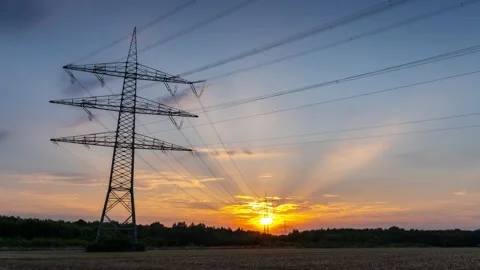 Power Line Timelapse with beautiful Sundown 1 Stock Footage 136984248