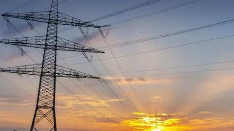 Power Line Timelapse with beautiful Sundown 2 Stock Footage 136984541