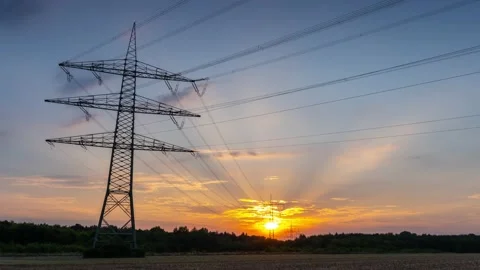 Power Line Timelapse with beautiful Sundown Zoom In Stock-Footage 136984866