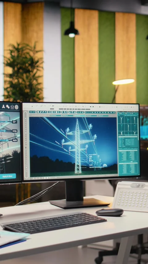 Power line tower CAD design displayed on dual monitors in engineering office Stock Footage 315415637