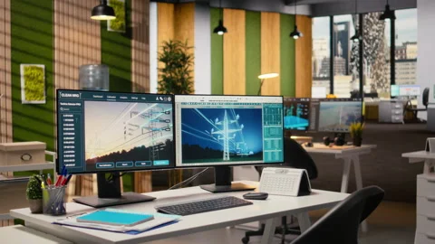 Power line tower CAD design displayed on dual monitors in engineering office Stock Footage 316000877