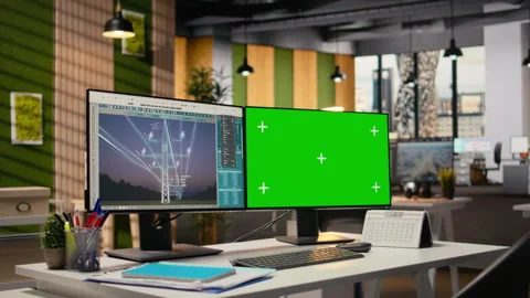 Power line tower CAD design displayed on green screen PC in engineering office Stock Footage 316002098