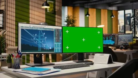 Power line tower CAD design displayed on green screen PC in engineering office Stock Photos