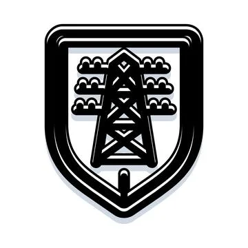 Power line tower transmitting electricity inside shield symbol Stock Illustration