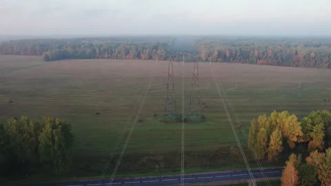 Power line wires stretched across the field towards the forest. Vídeos de archivo 169691182