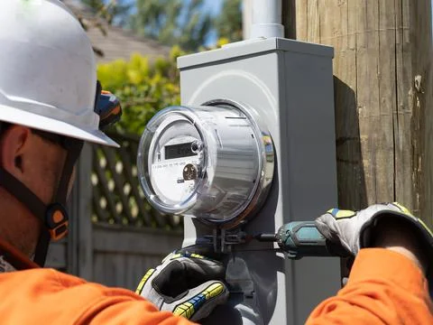 Power lineman installing a new electrical house meter Stock Photos