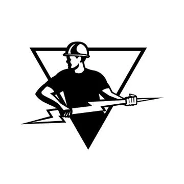 Power Lineman With Thunderbolt Triangle Black and White Stock Illustration