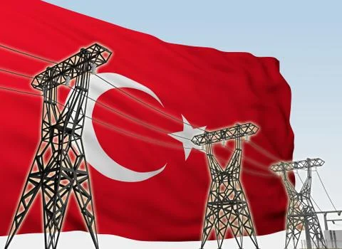 Power lines against background flag of Turkey Stock Illustration