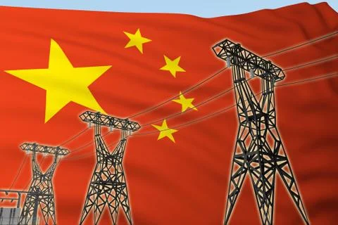 Power lines against background flag of China Stock Illustration