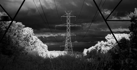 Power Lines and Clouds - Black and White Infrared - 4K Realtime Stock Footage 108219393