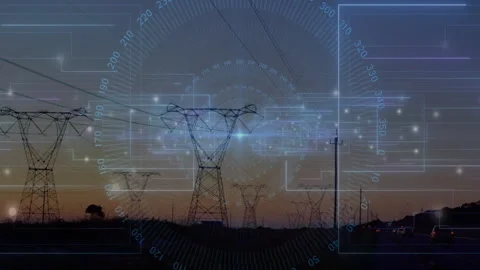 Power lines and electrical grids with data processing animation during sunset Stock Footage 303878661