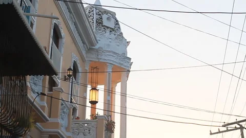 Power Lines and Old Architecture in the Dominican Republic at Sunset Stock Footage 185093633