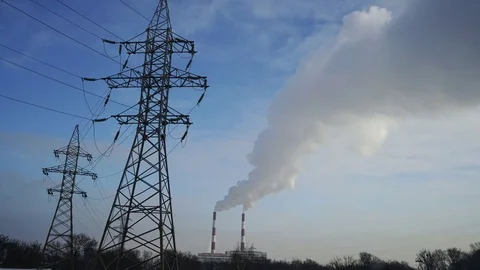 Power lines and pipe smoke power plant timelapse Stock Footage 73525931