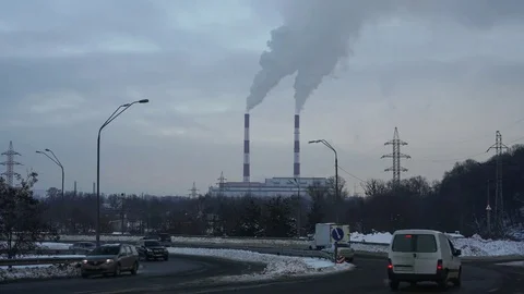 Power lines and pipe smoke power plant timelapse Stock Footage 73579958