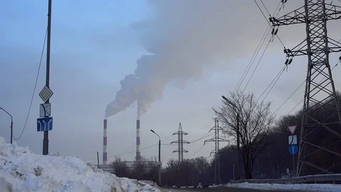 Power lines and pipe smoke power plant against blue sky. Stock Footage 73905827